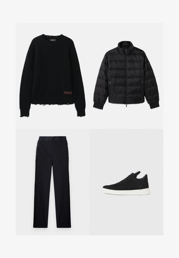 Jachetă neagră matlasată, cu guler înalt, fermoar frontal, buzunare laterale cu fermoar și manșete elastice, pe un fundal alb.; Pulover negru din tricot cu model waffle, cu decolteu rotund, manșete cu model în relief, margine desfăcută și o mică etichetă din piele maro pe partea stângă jos.; Pantaloni negri dintr-un material ușor, texturat, cu croială drept pentru picioare, talie elastică și buzunare laterale cu fermoar.; Sneakers negre din suede cu o talpă din cauciuc albă, prezentând cusături tonale și un design cu șireturi. Textură netedă cu o formă modernă și aerodinamică.