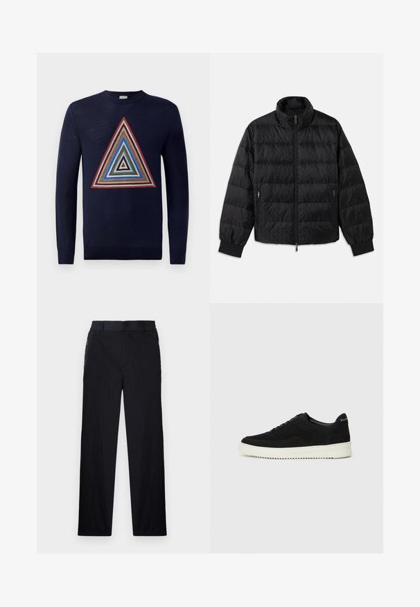 Melna, quiltota, puffer jaka ar augstu apkakli, priekšējo rāvējslēdzēju, kabatām ar rāvējslēdzējiem sānos un elastīgām piedurknēm uz baltas fona.; Jūras spēku džemperis ar centrālo daudzkrāsu trīsstūra dizainu, kas satur slāņotas formas sarkanos, brūnos, zilajos un krēmkrāsas toņos. Garas piedurknes un apaļais kakls.; Melni bikses ar vieglu, teksturētu audumu, taisnu kāju dizainu, elastīgu jostu un sānu rāvējslēdzēju kabatām.; Melnas zamšas kedas ar auklām un kontrastējošu baltu gumijas zoli. Iekļauj teksturētas sānu panēles un diskretu zīmolu uz papēža.