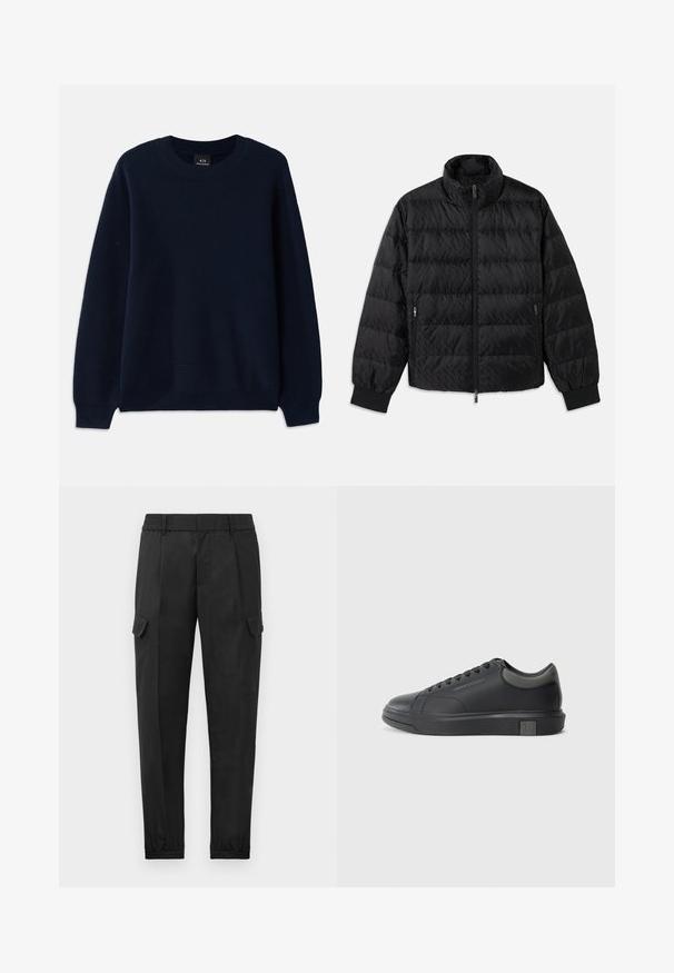 Black quilted padded jacket with high collar, front zipper, zippered side pockets, and elastic cuffs on a white background.; Navy blue ribbed sweater with a round neckline and long sleeves. Features a textured pattern throughout the fabric.; Black cargo pants with an elastic waistband, tapered leg, side pockets, and a single cargo pocket on the left thigh. Smooth texture.; Black leather sneaker with a smooth finish, rounded toe, and dark grey accents. Features lace-up design and textured rubber sole.