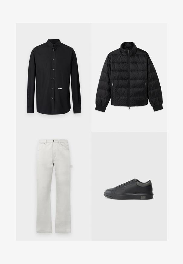 Casaco acolchoado preto com colarinho alto, fecho frontal, bolsos laterais com fecho e punhos elásticos sobre um fundo branco.; Camisa preta de manga comprida com botões, gola apontada e uma pequena etiqueta retangular branca perto do canto inferior direito na parte da frente.; Calças cinza claro com um corte reto, feitas de tecido de algodão suave, apresentando bolsos frontais e um bolso lateral tipo cargo.; Sapatilha de couro preto com acabamento suave, bico arredondado e detalhes em cinza escuro. Apresenta um design de atacadores e sola de borracha texturizada.