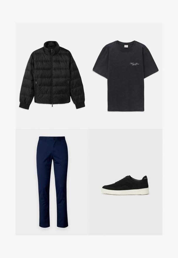 Fekete steppelt bélelt dzseki magas gallérral, elülső cipzárral, cipzáros oldalsó zsebekkel és rugalmas mandzsettákkal fehér háttér előtt.; Fekete, rövid ujjú, kerek nyakú póló, bal mellen kis fehér "Filling Pieces" szöveges logóval.; Sötétkék pamut nadrág egyenes szabással, elöl gombos záródással, övhurkokkal és tiszta varrással. Simaszerkezetű, minták nélkül.; Fekete velúr sportcipő fűzős dizájnnal és kontrasztos fehér gumitalppal. Jellemzői a textúrázott oldalpanelek és a diszkrét logó a sarokon.