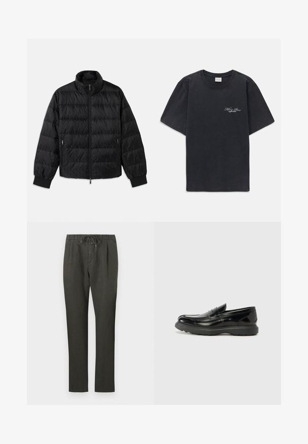 Mustmustähega kampsun, millel on kõrge kaelus, eesneediga lukk, mõlemal küljel lukuga küljetaskud ja elastsest materjalist paelad, valge taustal.; Must have lühikesed varrukad ümmarguse kaelusega must T-särk, millel vasakul rinnal on väike valge "Filling Pieces" teksti logo.; Tumedat hallid linased püksid, millel on nöörivöö. Sirge jala disain, kerge kangas, minimalism ja sujuv tekstuur.; Must musta nahk loafer läikiva viimistlusega, ümar varvas, delikaatsed õmblusdetailid ja paks kummist tallad vastupidavuse tagamiseks.