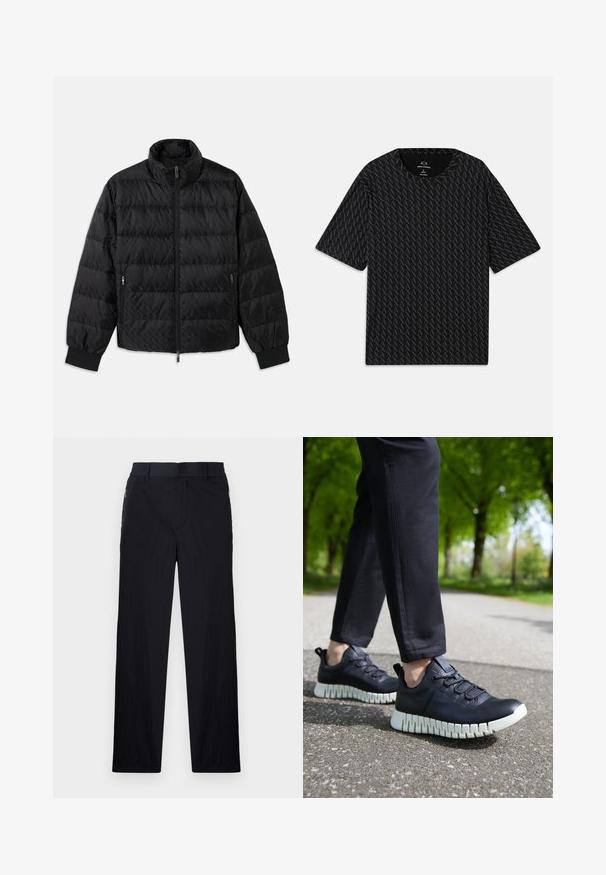 Black quilted padded jacket with high collar, front zipper, zippered side pockets, and elastic cuffs on a white background.; Black T-shirt featuring a textured pattern of alternating 'A' logos, short sleeves, and a crew neckline. Made from lightweight fabric.; Black trousers featuring a lightweight, textured fabric, straight-leg design, elastic waistband, and side zip pockets.; Black leather sneakers with a textured finish, featuring a chunky white sole and elastic laces, set against a gray pathway and green trees.