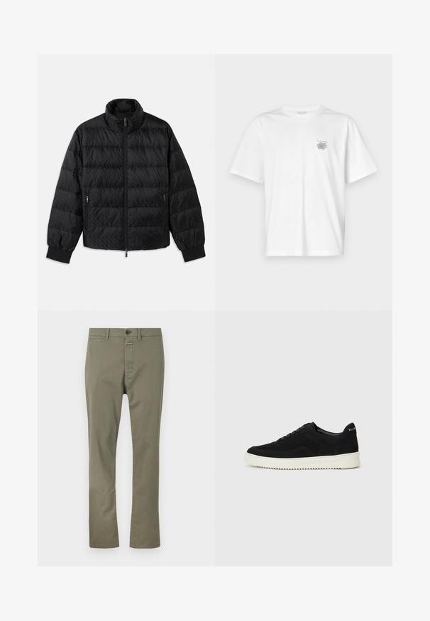 Svart vadderad jacka med hög krage, frontdragkedja, dragkedjefickor på sidan och elastiska manschetter på en vit bakgrund.; Vit t-shirt i bomull med korta ärmar, rund hals och en liten grå logotyp på vänster bröst. Slät textur.; Olivgröna byxor i blandmaterial av bomull, med dragkedja, knappstängning och sidofickor. Rakt ben-design med en mjuk textur.; Svarta mockaskor med snörningsdesign och kontrasterande vita gummisulor. Har texturerade sidopaneler och diskret branding på hälen.