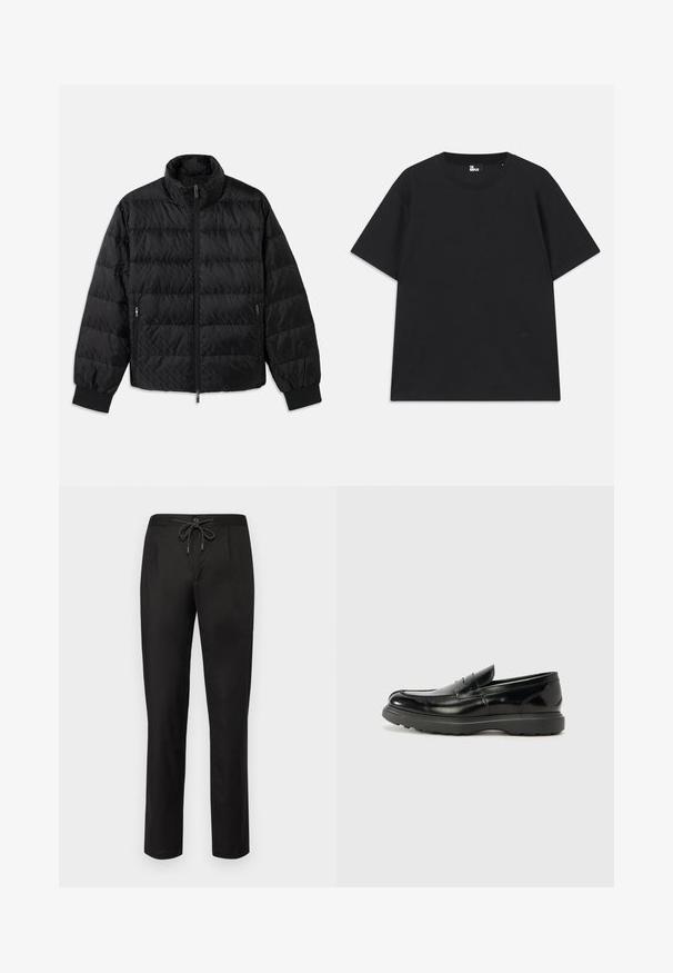 Svart vadderad jacka med hög krage, frontdragkedja, dragkedjefickor på sidan och elastiska manschetter på en vit bakgrund.; Svart kortärmad t-shirt i bomull, med rund halsringning och en liten logodetalj nära fållen. Slät textur, normal passform.; Svarta byxor i ett mjukt material, med dragsko i midjan, raka ben och två sidofickor för funktionalitet.; Svart läderloaferskor med en glänsande yta, rund tå, diskreta söm detaljer och en tjock gummisula för hållbarhet.