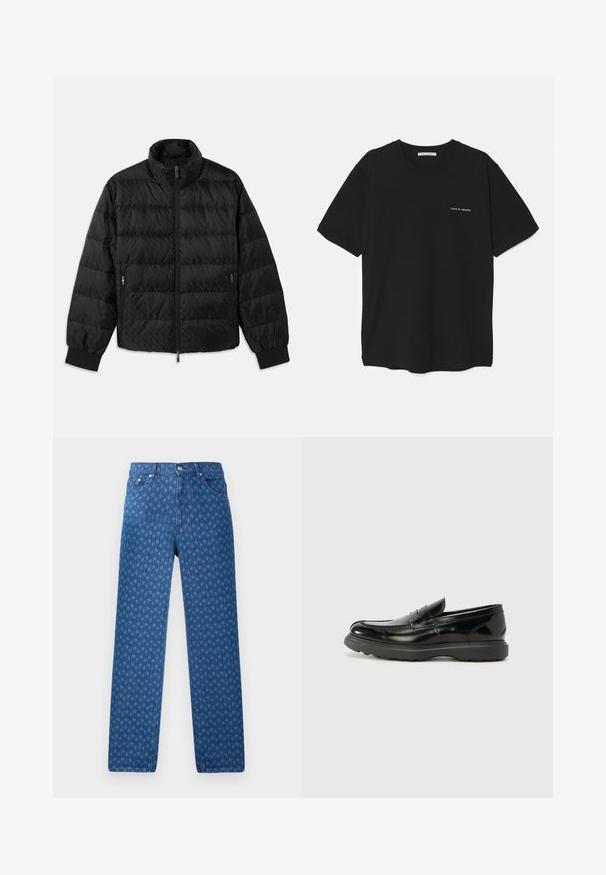 Mustmustähega kampsun, millel on kõrge kaelus, eesneediga lukk, mõlemal küljel lukuga küljetaskud ja elastsest materjalist paelad, valge taustal.; Must musta T-särk, ümar kaelus, lühikesed varrukad ja valge logo trükk vasakul rinnal. Lihtne, ühtlane värvitoon.; Sinine denimpüksid, millel on korduv tekstuuriline muster, viie tasku disain ja nööp sulgemine vööl. Üksikliini lõige.; Must musta nahk loafer läikiva viimistlusega, ümar varvas, delikaatsed õmblusdetailid ja paks kummist tallad vastupidavuse tagamiseks.