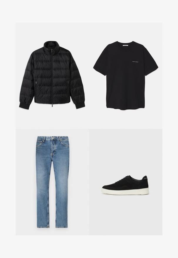 Jachetă neagră matlasată, cu guler înalt, fermoar frontal, buzunare laterale cu fermoar și manșete elastice, pe un fundal alb.; Tricou din bumbac negru, cu guler rotund, mâneci scurte și un imprimeu alb cu logo pe partea stângă a pieptului. Design simplu, de culoare uniformă.; Jeans din denim de culoare bleu deschis, cu croială dreaptă, cinci buzunare și închidere cu fermoar. Detalii distincte de decolorare și cusături.; Adidași negri din suede cu design cu șireturi și talpă din cauciuc alb contrastant. Prezintă panouri laterale texturate și branding subtil pe toc.