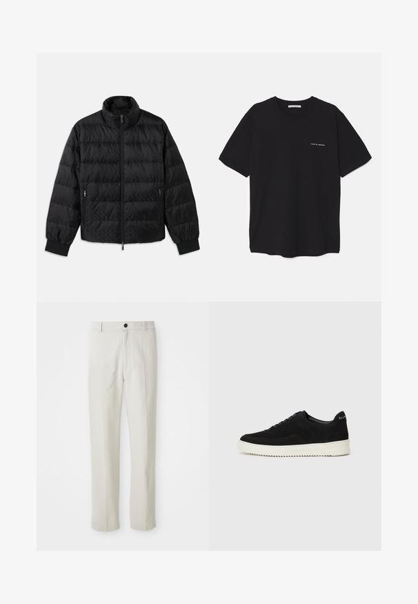 Giubbotto imbottito trapuntato nero con collo alto, zip frontale, tasche laterali con zip e polsini elastici su sfondo bianco.; T-shirt in cotone nero con collo rotondo, maniche corte e stampa bianca del logo sul lato sinistro del petto. Design semplice e monocromatico.; Pantaloni beigi a gamba dritta con passanti per cintura, bottone frontale e chiusura con zip, esposti in piano su uno sfondo bianco.; Sneaker in suede nero con design con lacci e suola in gomma bianca a contrasto. Presenta pannelli laterali testurizzati e un marchio discreto sul tallone.