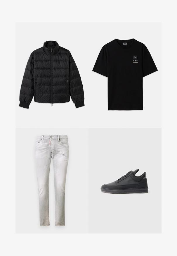 Jachetă neagră matlasată, cu guler înalt, fermoar frontal, buzunare laterale cu fermoar și manșete elastice, pe un fundal alb.; Tricou negru din bumbac, cu mâneci scurte, guler rotund și un mic eticheta cu logo pe față, având simboluri de îngrijire în alb.; Jeanși din denim gri deschis, cu detalii uzate, design cu picioare drepte și un stil clasic cu cinci buzunare, având un patch de marcă pe talie.; Pantofi sport din piele neagră cu o suprafață texturată, design cu sireturi, cu glezna joasă și o talpă din cauciuc gri cu margine zimțată.