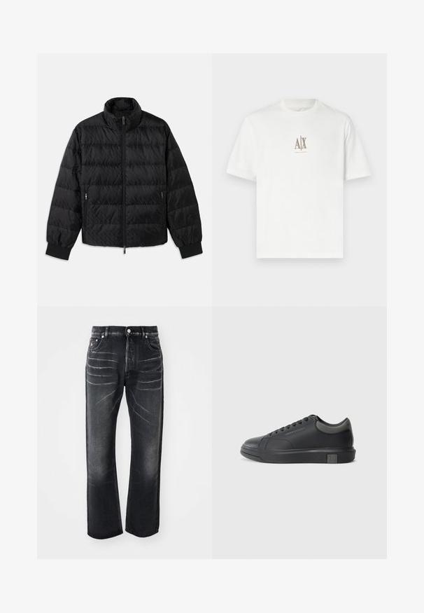 Crni tkanjeni topli kaput s visokim ovratnikom, prednjim patentnim zatvaračem, bočnim džepovima na patentni zatvarač i elastičnim manžetama na bijeloj pozadini.; Bijela pamučna majica s ovratnikom na kružno. Ima mali bež logo "A|X" i "ARMANI EXCHANGE" otisnut ispod. Kratki rukavi, standardna kroj.; Crne traperice od denima ravnog kroja, izlizane teksture, s vidljivim tragovima na bedrima i dizajnom s pet džepova te metalnim dodacima.; Crne kožne tenisice s glatkom završnom obradom, okruglim vrhom i tamno sivim detaljima. Imaju vezanje i teksturiranu gumenu potplat.