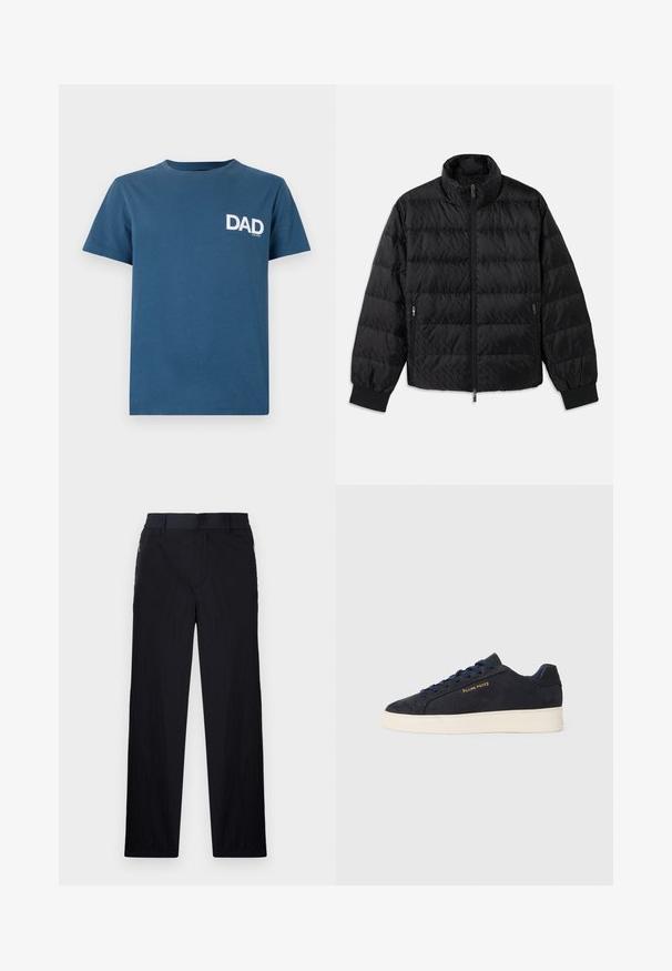 Sort quilted, polstret jakke med høj krave, frontal lynlås, lynlåslommer i siderne og elastiske manchetter på en hvid baggrund.; Blå bomulds T-shirt med korte ærmer og rund hals, med en hvid "DAD" teksttryk på venstre brystområde.; Sorte bukser i let, struktureret stof, med lige ben, elastisk talje og sidelommer med lynlås.; Mørkeblå ruskinds lavtop sneaker med hvid sål, mørkeblå snørebånd og "Filling Pieces" logo i guld på siden.