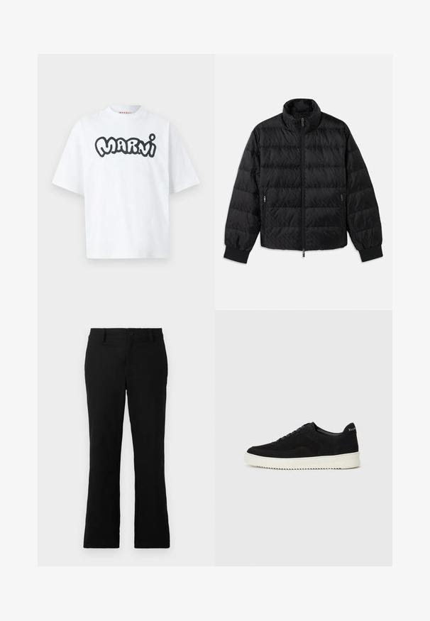 Melna, quiltota, puffer jaka ar augstu apkakli, priekšējo rāvējslēdzēju, kabatām ar rāvējslēdzējiem sānos un elastīgām piedurknēm uz baltas fona.; Balts īsās piedurknes T-krekls ar pārāk lielu piegriezumu un melnām treknām burbuļburtām, kas raksta "MARNI" centrā priekšpusē.; Melni plati bikses, izgatavotas no kokvilnas sajaukuma auduma, ar pogu aizdari, jostas cilpām un gludu tekstūru, bez redzamām rakstām.; Melnas zamšas kedas ar auklām un kontrastējošu baltu gumijas zoli. Iekļauj teksturētas sānu panēles un diskretu zīmolu uz papēža.