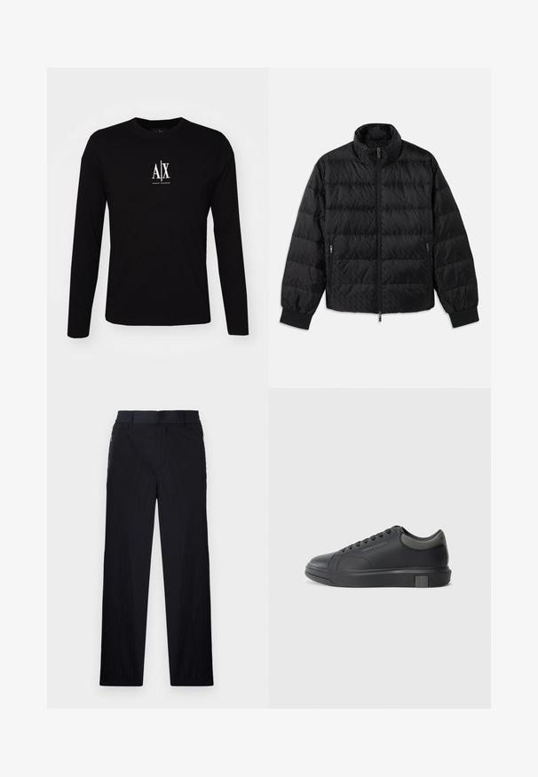 Juodas quiltuotas pūkuotas švarkas su aukštu apykakle, priekyje su užtrauktuku, šoninėmis kišenėmis su užtrauktukais ir elastingomis rankogaliais baltame fone.; Juodas ilgomis rankovėmis marškinėliai, pagaminti iš medvilnės, su apvaliu iškirpimu. Centre ant krūtinės yra baltas logotipas "A|X". Paprastas dizainas, minimalūs akcentai.; Juodos kelnės, pagamintos iš lengvos tekstūruotos medžiagos, tiesaus silueto, su elastingu juosmeniu ir šoniniais užtrauktukų kišenėmis.; Juodos odinės sportinės bateliai su lygiu paviršiumi, apvaliu nose ir tamsiai pilkais akcentais. Turi raištelių dizainą ir tekstūruotą gumos padas.