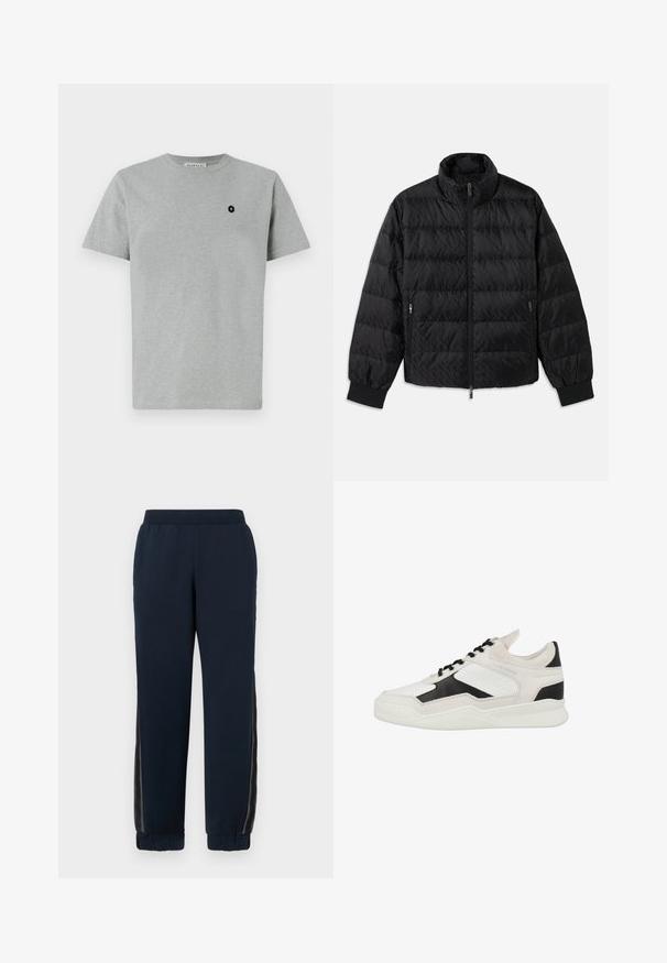 Sort quilted, polstret jakke med høj krave, frontal lynlås, lynlåslommer i siderne og elastiske manchetter på en hvid baggrund.; Grå bomulds t-shirt med rund hals, korte ærmer og et sort logopatch med et plus-tegn på venstre brystområde.; Marineblå sweatpants med en blød tekstur, snævre manchetter og mesh-sider. Elastisk talje for komfort og casual pasform.; Hvide og sorte sneakers med læder- og ruskindmaterialer, perforeret design, snørre-lukning og en tekstureret hvid sål.