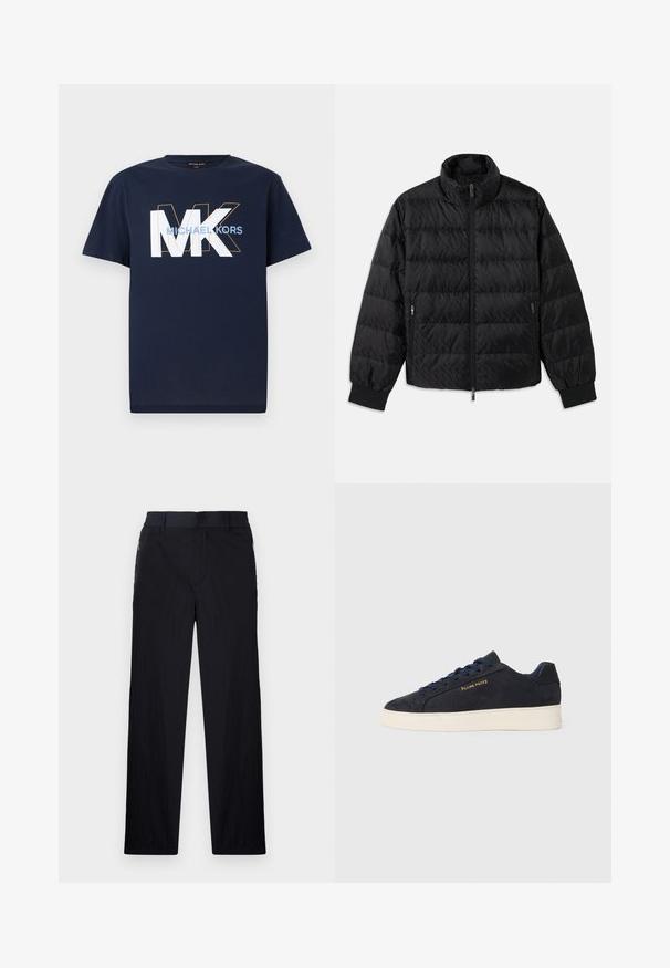 Chaqueta acolchada negra con acolchado, cuello alto, cremallera frontal, bolsillos laterales con cremallera y puños elásticos sobre un fondo blanco.; Camiseta de mangas cortas de color azul marino con grandes letras blancas "MK" contorneadas en naranja y el texto "MICHAEL KORS" en azul claro en el pecho.; Pantalones negros con una tela ligera y texturizada, diseño de pierna recta, cinturilla elástica y bolsillos laterales con cremallera.; Zapatilla baja de ante azul marino con suela blanca, cordones azul marino y logo de "Filling Pieces" en dorado en el lateral.