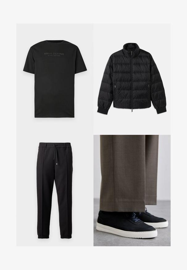 Črno podloženo quilted jopič s visokim ovratnikom, sprednjim zadrgo, zadrgo na stranskih žepih in elastičnimi manšetami na belem ozadju.; Črna kratkosleeve majica s krožnim izrezom, na katero je na prsih s majhnimi temnosivimi črkami odtisnjeno "ARMANI EXCHANGE MILANO / NEW YORK".; Črne hlače z pasom, vrvico in elastičnimi manšeti. Imajo nabore in gladko teksturirano blago.; Črne nubuk teniske z belimi gumijastimi podplati, ki imajo zaobljen nos in vezalke, oblečene z sivimi krojenimi hlačami.