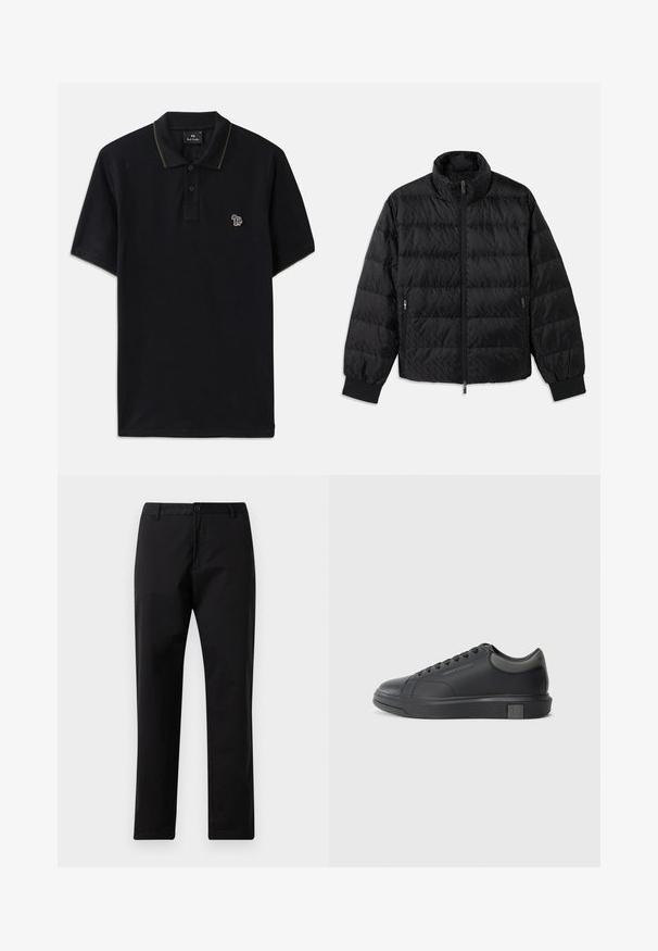 Giubbotto imbottito trapuntato nero con collo alto, zip frontale, tasche laterali con zip e polsini elastici su sfondo bianco.; Polo shirt nera in cotone con rifinitura verde del colletto. Presenta un piccolo ricamo di un elefante multicolore sul lato sinistro del petto.; Pantaloni neri a gamba dritta con chiusura a bottone e zip, passanti per cintura e tasche frontali, esposti su sfondo bianco.; Sneaker in pelle nera con finitura liscia, punta arrotondata e accenti grigio scuro. Presenta un design con lacci e suola in gomma testurizzata.