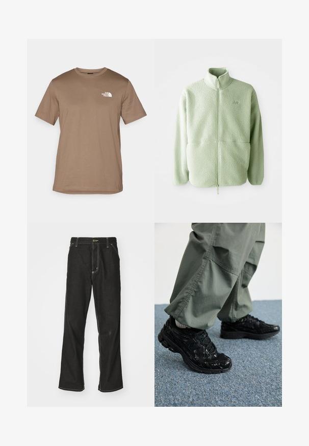 Giacca in fleece verde chiaro con colletto alto, zip completa e superficie testurizzata; presenta due tasche frontali e un piccolo logo.; T-shirt corto marrone a maniche corte in cotone con collo a girocollo a coste. Presenta un piccolo logo bianco sulla parte sinistra del petto.; Jeans in denim nero con una vestibilità ampia, caratterizzati da cuciture bianche a contrasto, chiusura a bottone e un design a gamba dritta.; Sneaker atletici neri con texture lucida e in rete, dotati di una suola spessa e lacci, abbinati a pantaloni cargo larghi verde oliva.