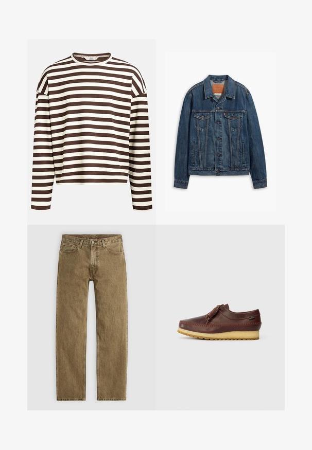 Blauwe spijkerjack met een klassiek ontwerp, voorzien van borstzakken, metalen knopen en contrasterende stiksels. Gestructureerde kraag en zoom.; Bruin en crèmekleurig gestreept langärmige top met een ronde halslijn, geribbelde textuur en verlaagde schoudernaden, met een cropped snit.; Lichtbruine denim jeans met een recht model, vijf zakken en hardware in koperkleur. Getextureerde stof met zichtbare stikdetails.; Bruine leren schoen met een ronde neus, decoratieve veters op de voorkant en een lichtgekleurde rubberen zool met grippatronen.