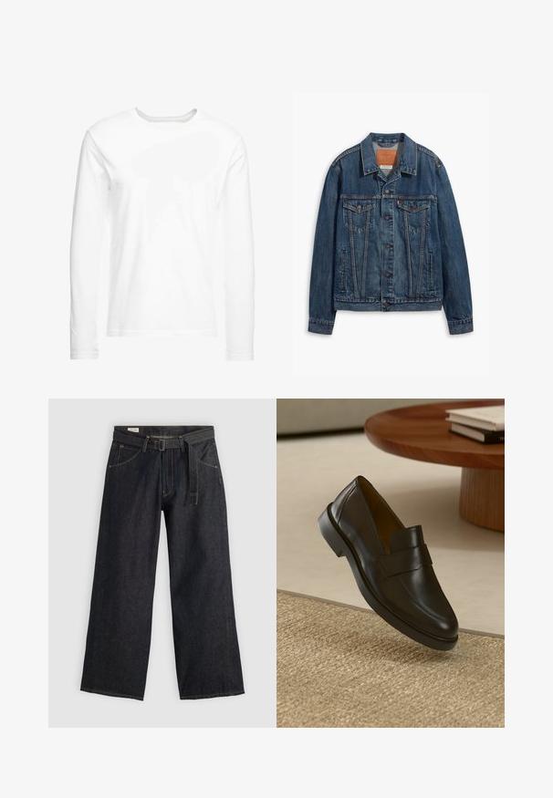Modrá džínová bunda s klasickým designom, ktorá má vrecká na hrudi, kovové gombíky a kontrastné švy. Štruktúrovaný golier a spodný lem.; Biela tričko s dlhým rukávom vyrobené z mäkkej bavlny. Okrúhly výstrih s rovnými lemami a bez viditeľných vzorov alebo grafiky.; Tmavé denimové nohavice so širokými nohavicami a opaskom v páse, s prednými vreckami a kontrastným šitím. Hladká textúra s čistým dizajnom.; Čierne kožené mokasíny s hladkým povrchom, zaoblenou špičkou a dekoračným remienkom cez hornú časť. Nízky gumový podpätok, umiestnený na textúrovanom povrchu.