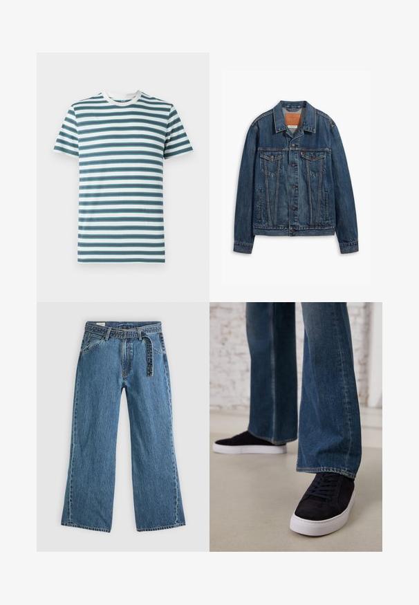 Jaqueta de denim azul com um design clássico, apresentando bolsos no peito, botões de metal e costura contrastante. Colarinho e bainha estruturados.; T-shirt de homem de mangas curtas com riscas horizontais em azul-turquesa, azul-marinho e branco. Tecido de algodão suave com colarinho redondo e contraste.; Jeans de ganga azuis de perna larga com cinto preso, bolsos frontais e costura visível sobre um fundo claro.; Tênis de camurça azul escuro com sola de borracha branca e atacadores, combinados com jeans de perna larga em um tom de azul médio.