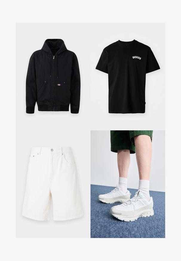 Giacca nera con cappuccio, chiusura frontale a zip, coulisse e due tasche laterali. Presenta polsini e vita a coste, realizzata in tessuto resistente, design semplice.; T-shirt nera in cotone con maniche corte e colletto rotondo. Presenta un logo curvo bianco "DICKIES" sul petto. Design semplice, senza motivi.; Bermuda in denim bianco con taglio dritto, cinque tasche e chiusura con bottone argentato. Caratterizzate da una texture robusta e bordi orlati.; Scarpe da ginnastica bianche con sovrapposizioni testurizzate, suola spessa e accenti grigi. Indossate con calze corte bianche e pantaloni corti verdi su una superficie blu.