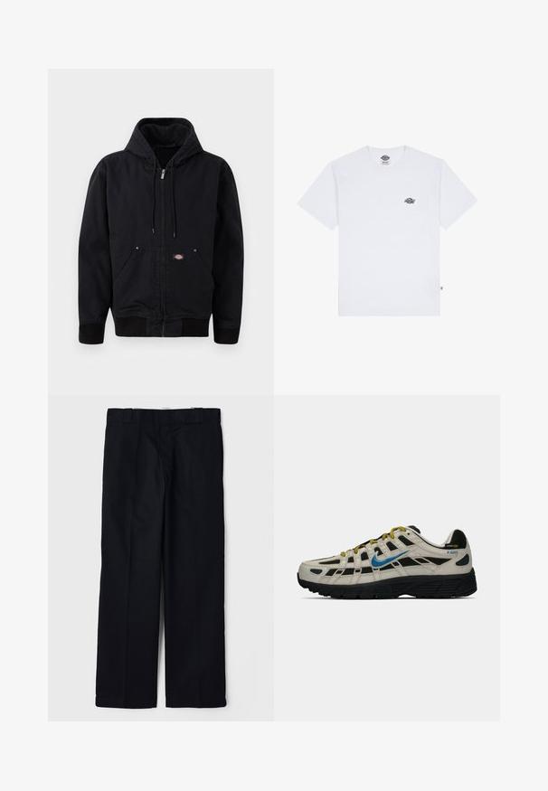 Černá kapucínová bunda s předním zipem, šňůrkou a dvěma bočními kapsami. Vyznačuje se žebrovanými manžetami a páskem, vyrobena z odolné látky, jednoduchý design.; Bílá bavlněná tričko s krátkým rukávem, s malým černým logem na hrudi a štítkem v levém dolním rohu.; Černé kalhoty z hladkého materiálu, s rovnými nohavicemi, bočními kapsami a klasickým pasem s poutky na pásek.; Béžové a černé tenisky Nike P-6000 s modrým logem swoosh, žlutými tkaničkami, černou podrážkou a štítkem z Cordura tkaniny na patě.