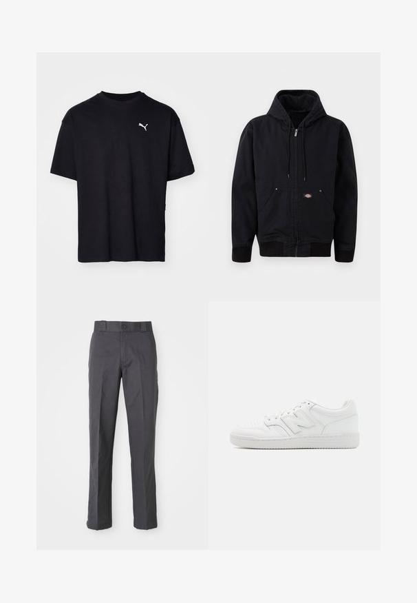 Svart hettejakke med frontglidelås, snor og to sidelommer. Har ribbede mansjetter og liv, laget av slitesterkt stoff, enkel design.; Svart bomulls T-skjorte med korte ermer, rund hals og hvit Puma-logo på øvre venstre bryst. Klassisk passform, glatt tekstur.; Mørkegrå bukser laget av bomullsblanding, med rett ben-design, frontlommer og knappelukking i midjen.; Hvit sneakers laget av glatt lær, med perforert tå, en teksturert gummisåle, flate lisser og en fremtredende 'N' logo på siden.