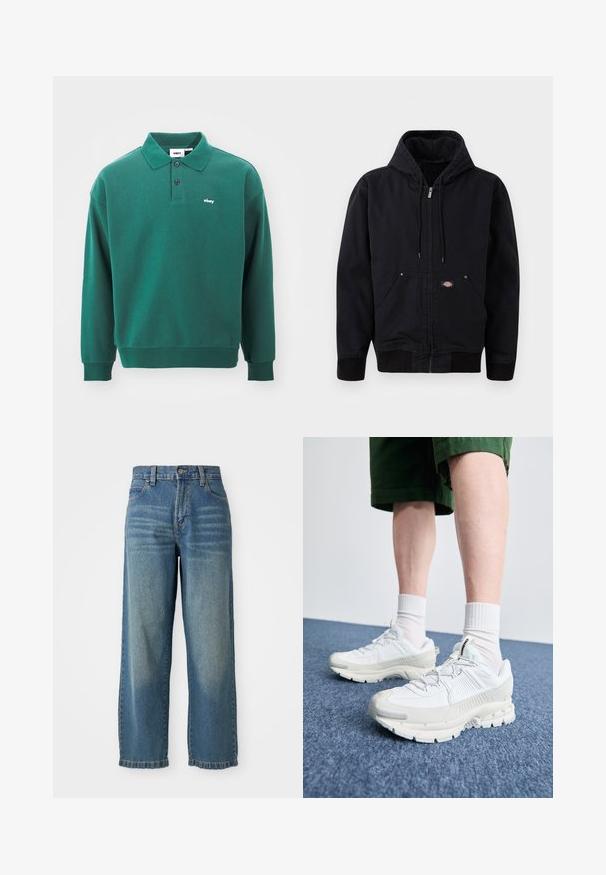 Melnā kapuces jaka ar priekšējo rāvējslēdzēju, aukliņu un divām sānu kabatām. Iespējas ietver ribotas aproces un jostasvietu, izgatavota no izturīga auduma, vienkāršs dizains.; Obey Clothing LOWERCASE - Tops ar garām piedurknēm - rain forest; Gai zili džinsi ar platu kāju un augstu vidukli, ar piecām kabatām un nedaudz noberztu virsmu. Iekļauj pogu un rāvējslēdzēju.; Baltas sporta apavi ar teksturētām detaļām, masīvu zoli un pelēkiem akcentiem. Valkāti ar baltiem zeķu pēdu apģērbiem un zaļām šortiem uz zilas virsmas.