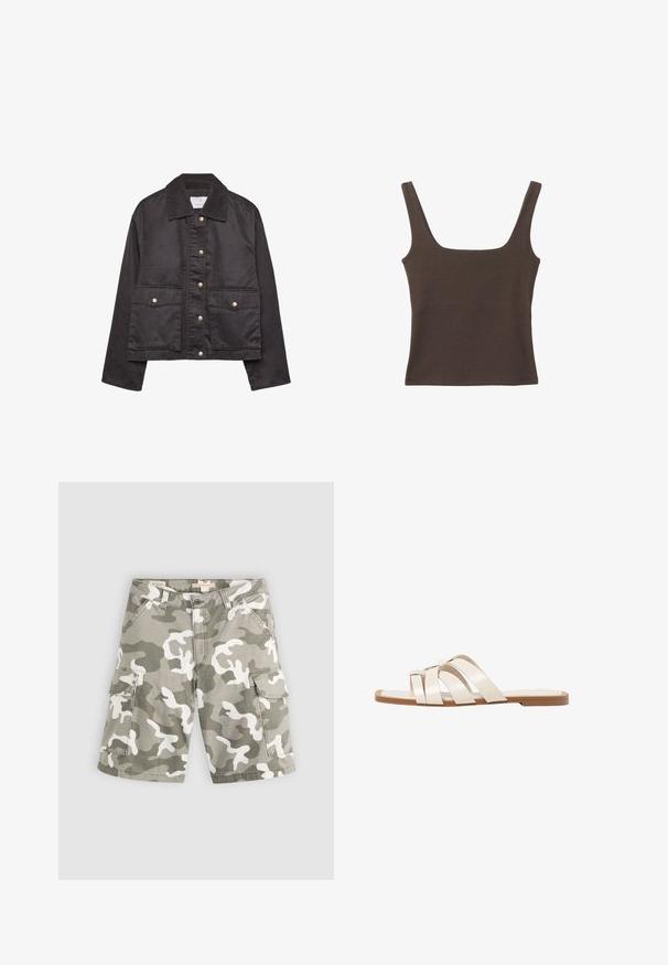 Musta nappikaulus takki, jossa on paksusta burlapista valmistettu kaulus, kaksi etupuolen läpällistä taskua nappikiinnityksellä ja pitkät hihat.; Ruskea hihaton toppi, jossa on neliönmuotoinen kaula-aukko, valmistettu pehmeästä ja joustavasta kankaasta. Ominaisuuksiin kuuluu istuva muotoilu ja sileät saumat.; Levi's® BAGGY DAD CARGO SHORT - Farkkushortsit - bader camo agate gray; Tason vaaleanruskealla kumipohjalla, jossa on kolme päällekkäistä valkoista nahkaremmiä ja pieni satiininen rusetti keskellä.