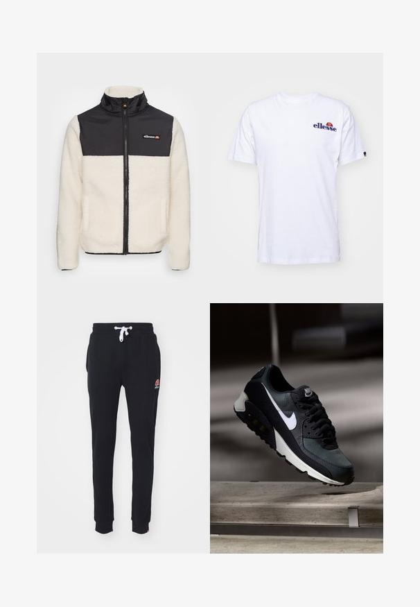 Fleece bunda s krémovým telom a čiernym nylonovým vrchom. Obsahuje vysoký golier, predný zips a dve bočné vrecká. Logo na hrudi.; Biela bavlnená tričko s krátkymi rukávmi, na ľavej hrudi s námornícko modrým vyšitým logom a živou farebnou akcentáciou nad logom.; Čierne teplákové nohavice s jemnou textúrou, elastickým pásom, nastaviteľnou šnúrkou, bočnými vreckami a malým farebným logom na pravom boku.; Čierne a zelené tenisky s vzorovaným sieťovaným zvrškom, bielym logom Swoosh, polstrovaným golierom a viditeľnou vzduchovou tlmiacou jednotkou v podrážke.