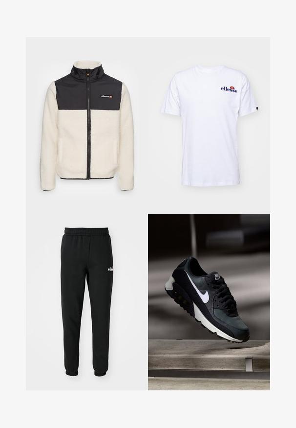 Fleece jaka ar krēmkrāsas korpusu un melnu neilona augšdaļu. Aprīkota ar augstu apkakli, priekšējo rāvējslēdzēju un divām sānu kabatām. Logo uz krūtīm.; Balta kokvilnas T-krekls ar īsām piedurknēm, kas rotāts ar tumši zilā krāsā izšūtu logo uz kreisās krūtis un dzīvīgu krāsu akcentu virs logo.; Melni sporta bikses, izgatavotas no kokvilnas un sintētisko šķiedru maisījuma, ar elastīgu jostasvietu, piegulošiem apakšmalām un nelielu logotipu priekšpusē.; Melnas un zaļas kedas ar rakstainu sieta augšdaļu, baltu swoosh logo, mīkstu apkakli un redzamu gaisa amortizācijas elementu zolē.