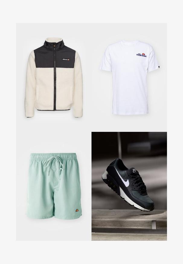 Fleece bunda s krémovým tělem a černým nylonovým horním dílem. Vybavena vysokým límcem, předním zipem a dvěma bočními kapsami. Logo na hrudi.; Bílý bavlněný tričko s krátkými rukávy, s námořnickou modrou vyšívanou nášivkou na levé části hrudi a živou barevnou akcentací nad logem.; Světlé zelené plavky s elastickým pasem a šňůrkou, s malým vyšitým logem v dolním pravém rohu. Hladká textura.; Černá a zelená teniska s vzorovaným síťovaným svrškem, bílým logem Swoosh, polstrovaným límcem a viditelnou vzduchovou odpruženou jednotkou v podrážce.