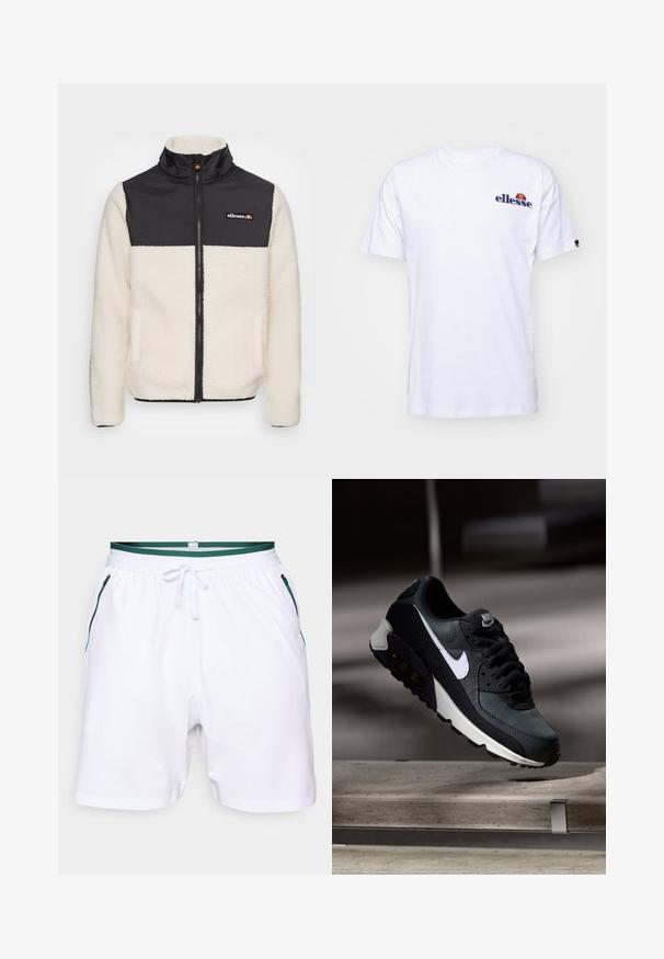Fliisjakker, millel on kreemivärvi keha ja must nailonülemus. Omab kõrget kraed, ees oleva tõmbluku ja kahte küljetaskut. Rinnal on logo.; Valge puuvillane t-särk lühikeste varrukatega, millel on vasakus rinnas tumesinine broderi logo ning logo kohal erksavärviline aktsent.; Valged spordilühikesed, millel on rohelise triibuga vöökoht, kontrastsed sinised tõmblukkidega taskud ning sile tekstuur. Tavalise lõikega disain.; Must must ja rohelised tossud, millel on mustriline võrgu pealmine osa, valge Swoosh-logo, pehmendatud krae ja nähtav õhutusüksus tallas.