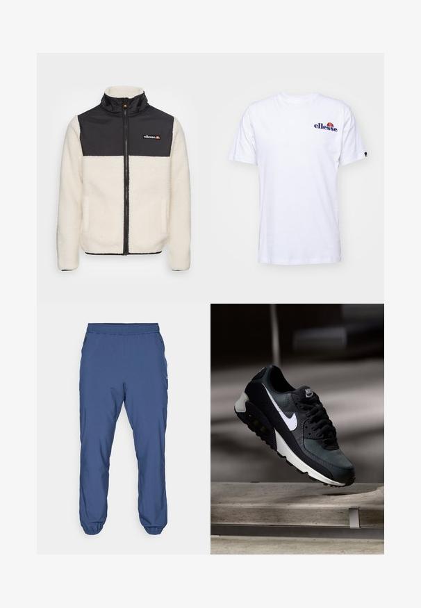 Fleece bunda s krémovým telom a čiernym nylonovým vrchom. Obsahuje vysoký golier, predný zips a dve bočné vrecká. Logo na hrudi.; Biela bavlnená tričko s krátkymi rukávmi, na ľavej hrudi s námornícko modrým vyšitým logom a živou farebnou akcentáciou nad logom.; Modré športové nohavice vyrobené z ľahkého materiálu. Majú elastický pás, manžety na členkoch a zipsové bočné vrecká.; Čierne a zelené tenisky s vzorovaným sieťovaným zvrškom, bielym logom Swoosh, polstrovaným golierom a viditeľnou vzduchovou tlmiacou jednotkou v podrážke.