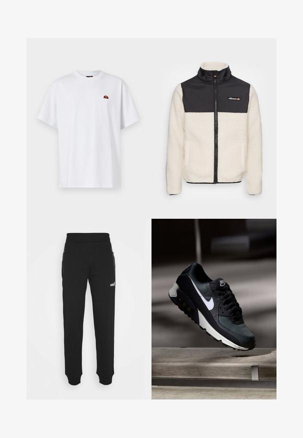 Casaco de fleece com corpo creme e parte superior de nylon preto. Apresenta um colarinho alto, fecho frontal e dois bolsos laterais. Logótipo no peito.; T-shirt de algodão branco com mangas curtas e decote redondo. Um pequeno logótipo multicolorido está bordado no lado esquerdo do peito.; Calças de treino pretas, feitas de um tecido suave, apresentam um design de perna afunilada, cintura elástica, pockets laterais com fechos éclair, e um pequeno logótipo como detalhe.; Sapatilhas pretas e verdes com um upper de malha padrão, logotipo swoosh branco, colarinho almofadado e uma unidade de amortecimento de ar visível na sola.