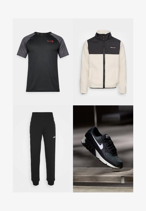 Fleece jaka ar krēmkrāsas korpusu un melnu neilona augšdaļu. Aprīkota ar augstu apkakli, priekšējo rāvējslēdzēju un divām sānu kabatām. Logo uz krūtīm.; Melnas īsām piedurknēm paredzēta sporta krekls ar pelēku sietu piedurknēm un sarkanu logotipu uz krūtīm, ar pieguļošu dizainu un mitrumu absorbējošu audumu.; Melnas sporta bikses, kas izgatavotas no mīkstas auduma, piedāvā sašaurinātu kāju dizainu, elastīgu jostasvietu, sānu kabatas ar rāvējslēdzējiem un mazu logo akcentu.; Melnas un zaļas kedas ar rakstainu sieta augšdaļu, baltu swoosh logo, mīkstu apkakli un redzamu gaisa amortizācijas elementu zolē.