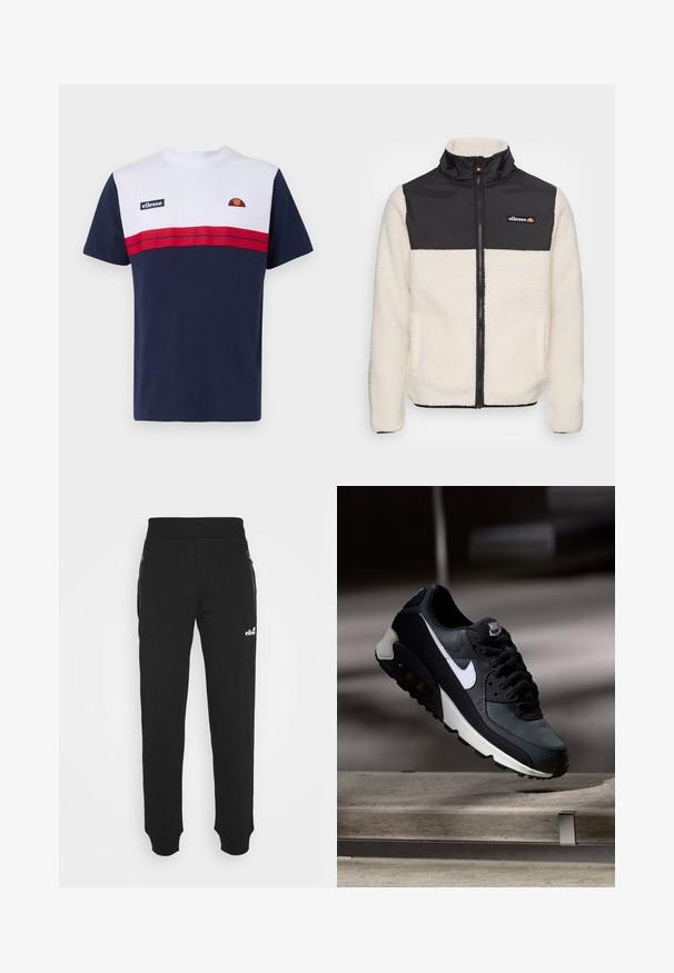 Chaqueta de forro polar con cuerpo crema y parte superior de nylon negro. Presenta un cuello alto, cremallera frontal y dos bolsillos laterales. Logo en el pecho.; Camiseta de hombre en azul marino, con un panel superior blanco que presenta rayas horizontales rojas, parche de logo y un cuello redondo clásico. Mezcla de algodón suave.; Pantalones de chándal negros hechos de una tela suave que cuentan con un diseño de pierna ajustada, cintura elástica, bolsillos laterales con cremalleras y un pequeño logo de acento.; Zapatilla negra y verde con una parte superior de malla con diseño, logotipo Swoosh blanco, cuello acolchado y una unidad de amortiguación de aire visible en la suela.