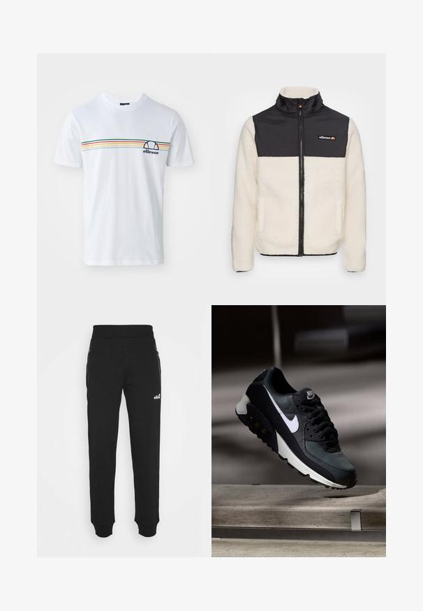 Fleecejakke med kremfarget kropp og svart nylon topp. Har høy krage, frontglidelås og to sidelommer. Logo på brystet.; Hvit bomulls T-skjorte med korte ermer, med horisontalt stripemønster i rødt, grønt, gult og blått, samt en marineblå logo på brystet.; Svarte joggebukser laget av mykt stoff har en innskrenket bendesign, elastisk midje, sidelommer med glidelås og en liten logoak accent.; Svart og grønn sneakers med et mønstret mesh-overdel, hvit swoosh-logo, polstret krage og en synlig luftdemping i sålen.