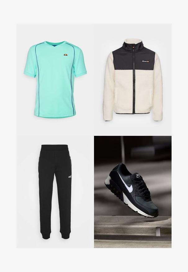 Chaqueta de forro polar con cuerpo crema y parte superior de nylon negro. Presenta un cuello alto, cremallera frontal y dos bolsillos laterales. Logo en el pecho.; Camisa deportiva de manga corta en color turquesa con cuello en V. Presenta costuras en azul de contraste y un pequeño logo en el pecho. Tejido texturizado.; Pantalones de chándal negros hechos de una tela suave que cuentan con un diseño de pierna ajustada, cintura elástica, bolsillos laterales con cremalleras y un pequeño logo de acento.; Zapatilla negra y verde con una parte superior de malla con diseño, logotipo Swoosh blanco, cuello acolchado y una unidad de amortiguación de aire visible en la suela.