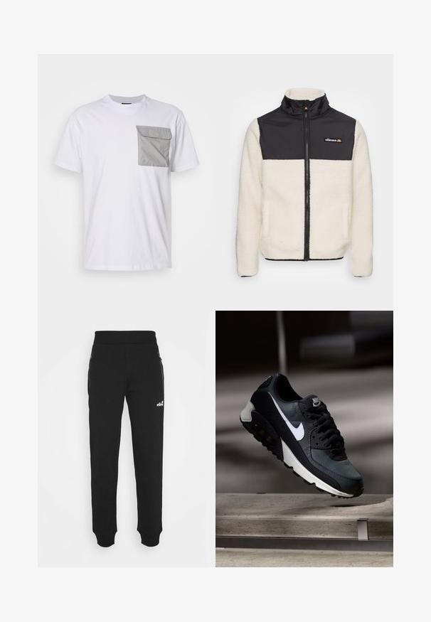 Fleece bunda s krémovým telom a čiernym nylonovým vrchom. Obsahuje vysoký golier, predný zips a dve bočné vrecká. Logo na hrudi.; Biela bavlnená tričko s obdĺžnikovou šedou kapsou na ľavom prsníku. Klasický okrúhly výstrih a krátke rukávy.; Čierne tepláky vyrobené z jemnej tkaniny majú zúžený strih na nohách, elastický pás, bočné vrecká na zips a malú logo akcentáciu.; Čierne a zelené tenisky s vzorovaným sieťovaným zvrškom, bielym logom Swoosh, polstrovaným golierom a viditeľnou vzduchovou tlmiacou jednotkou v podrážke.