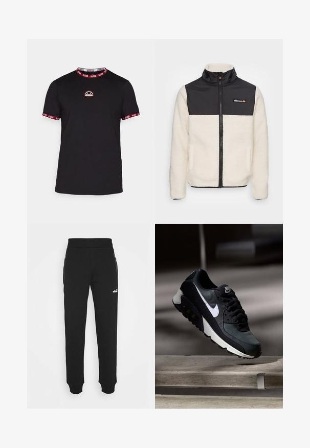 Fleece bunda s krémovým telom a čiernym nylonovým vrchom. Obsahuje vysoký golier, predný zips a dve bočné vrecká. Logo na hrudi.; Čierne tričko s krátkymi rukávmi a červeno-bielymi pruhmi na golieri a manžetách. Obsahuje malé vyšívané logo na hrudi. Mäkký bavlnený materiál.; Čierne tepláky vyrobené z jemnej tkaniny majú zúžený strih na nohách, elastický pás, bočné vrecká na zips a malú logo akcentáciu.; Čierne a zelené tenisky s vzorovaným sieťovaným zvrškom, bielym logom Swoosh, polstrovaným golierom a viditeľnou vzduchovou tlmiacou jednotkou v podrážke.