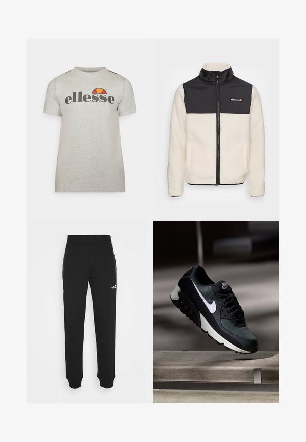Fleece jaka ar krēmkrāsas korpusu un melnu neilona augšdaļu. Aprīkota ar augstu apkakli, priekšējo rāvējslēdzēju un divām sānu kabatām. Logo uz krūtīm.; Pelēks īsām piedurknēm T-krekls, izgatavots no kokvilnas, ar apaļu kakla izgriezumu. Uzkrāso melns logotips "ellesse" un krāsains akcents oranžā un sarkanā krāsā virs logotipa.; Melnas sporta bikses, kas izgatavotas no mīkstas auduma, piedāvā sašaurinātu kāju dizainu, elastīgu jostasvietu, sānu kabatas ar rāvējslēdzējiem un mazu logo akcentu.; Melnas un zaļas kedas ar rakstainu sieta augšdaļu, baltu swoosh logo, mīkstu apkakli un redzamu gaisa amortizācijas elementu zolē.