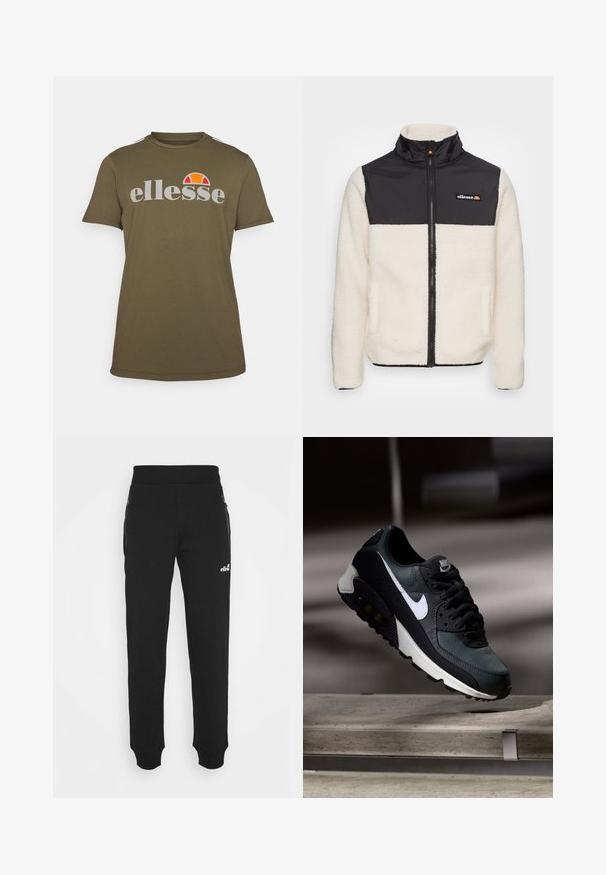 Fliisjakker, millel on kreemivärvi keha ja must nailonülemus. Omab kõrget kraed, ees oleva tõmbluku ja kahte küljetaskut. Rinnal on logo.; Olive rohelise värvi lühikeste varrukatega t-särk, mis on valmistatud puuvillast ja millel on ümmargune kaelus. Ees on hall "ellesse" logo, mille kohal on mitmevärviline päikesekujundus.; Mustad mustadest kangast valmistatud dressipüksid, millel on kitsenev jalgade disain, elastne vöökoht, küljetaskud tõmblukuga ning väike logo aksessuaar.; Must must ja rohelised tossud, millel on mustriline võrgu pealmine osa, valge Swoosh-logo, pehmendatud krae ja nähtav õhutusüksus tallas.