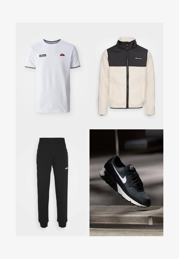 Fleece jaka ar krēmkrāsas korpusu un melnu neilona augšdaļu. Aprīkota ar augstu apkakli, priekšējo rāvējslēdzēju un divām sānu kabatām. Logo uz krūtīm.; Balts T-krekls ar apaļu kakla izgriezumu, tumši zila svītraina apdare, izšūta logo uz krūtīm un īsām piedurknēm ar saderīgu apkakles apdari.; Melnas sporta bikses, kas izgatavotas no mīkstas auduma, piedāvā sašaurinātu kāju dizainu, elastīgu jostasvietu, sānu kabatas ar rāvējslēdzējiem un mazu logo akcentu.; Melnas un zaļas kedas ar rakstainu sieta augšdaļu, baltu swoosh logo, mīkstu apkakli un redzamu gaisa amortizācijas elementu zolē.