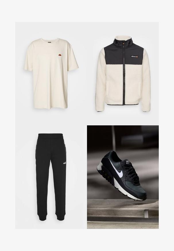 Casaco de fleece com corpo creme e parte superior de nylon preto. Apresenta um colarinho alto, fecho frontal e dois bolsos laterais. Logótipo no peito.; T-shirt de algodão creme com mangas curtas, decote redondo e um pequeno logótipo bordado de pôr do sol no lado esquerdo do peito.; Calças de treino pretas, feitas de um tecido suave, apresentam um design de perna afunilada, cintura elástica, pockets laterais com fechos éclair, e um pequeno logótipo como detalhe.; Sapatilhas pretas e verdes com um upper de malha padrão, logotipo swoosh branco, colarinho almofadado e uma unidade de amortecimento de ar visível na sola.