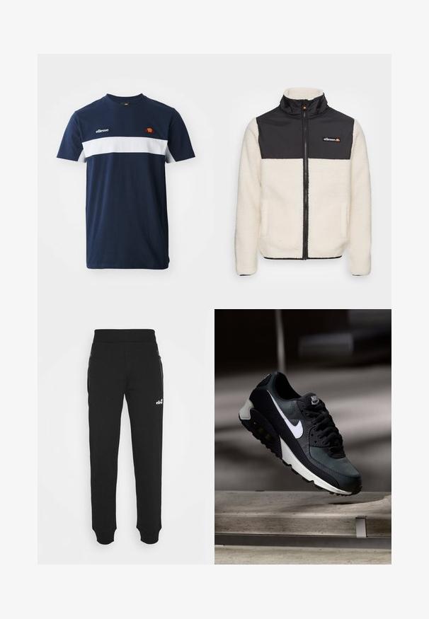 Fleece jaka ar krēmkrāsas korpusu un melnu neilona augšdaļu. Aprīkota ar augstu apkakli, priekšējo rāvējslēdzēju un divām sānu kabatām. Logo uz krūtīm.; Ellesse DINELLI TEE - Apdrukāts T-krekls - navy; Melnas sporta bikses, kas izgatavotas no mīkstas auduma, piedāvā sašaurinātu kāju dizainu, elastīgu jostasvietu, sānu kabatas ar rāvējslēdzējiem un mazu logo akcentu.; Melnas un zaļas kedas ar rakstainu sieta augšdaļu, baltu swoosh logo, mīkstu apkakli un redzamu gaisa amortizācijas elementu zolē.