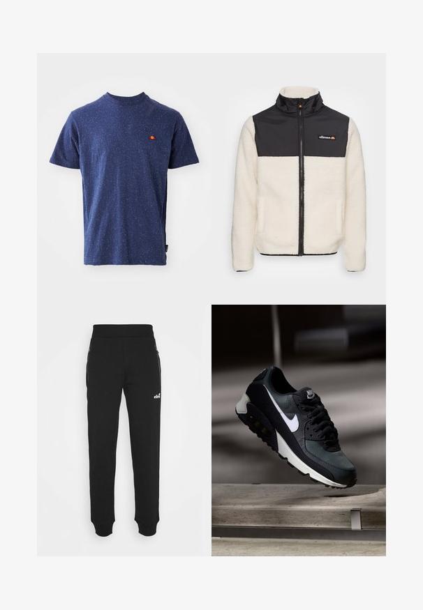 Casaco de fleece com corpo creme e parte superior de nylon preto. Apresenta um colarinho alto, fecho frontal e dois bolsos laterais. Logótipo no peito.; T-shirt azul-marinho feito de uma mistura de algodão, com uma textura salpicada e um pequeno logótipo vermelho e amarelo no peito. Manga curta casual.; Calças de treino pretas, feitas de um tecido suave, apresentam um design de perna afunilada, cintura elástica, pockets laterais com fechos éclair, e um pequeno logótipo como detalhe.; Sapatilhas pretas e verdes com um upper de malha padrão, logotipo swoosh branco, colarinho almofadado e uma unidade de amortecimento de ar visível na sola.