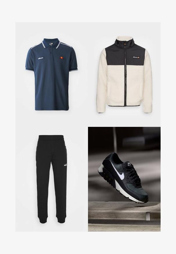 Φλις μπουφάν με κρεμ σώμα και μαύρο νάιλον επάνω μέρος. Διαθέτει ψηλό γιακά, μπροστινό φερμουάρ και δύο πλαϊνές τσέπες. Λογότυπο στο στήθος.; Σκούρο μπλε πόλο μπλουζάκι από μαλακό βαμβάκι, με λευκές ρίγες στη γιακά και τα μανίκια, και κεντημένο λογότυπο στο στήθος.; Μαύρα φόρμας από μαλακό ύφασμα με σχεδίαση στενού ποδιού, ελαστική μέση, πλαϊνές τσέπες με φερμουάρ και έναν μικρό λογότυπο επιπλέον.; Μαύρο και πράσινο αθλητικό παπούτσι με διακοσμημένο διχτυωτό πάνω μέρος, λευκό λογότυπο swoosh, επενδεδυμένος γιακάς και ορατή μονάδα αερίου στην σόλα.