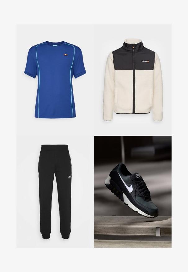 Fleecejakke med kremfarget kropp og svart nylon topp. Har høy krage, frontglidelås og to sidelommer. Logo på brystet.; Blå kortermet t-skjorte med strukturert stoff, med teal-toner og en liten logo. V-halsdesign med kontrasterende sømdetaljer.; Svarte joggebukser laget av mykt stoff har en innskrenket bendesign, elastisk midje, sidelommer med glidelås og en liten logoak accent.; Svart og grønn sneakers med et mønstret mesh-overdel, hvit swoosh-logo, polstret krage og en synlig luftdemping i sålen.